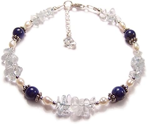 Women 925 Sterling Silver Topaz Blue Chip, Round Lapis Lazuli and Pearl 4.0mm Gemstone Bracelet Adjustable 1" Extension
