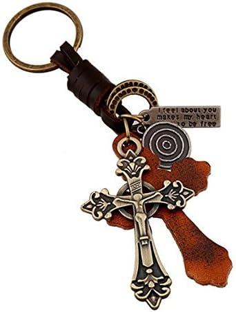 SucolinCross Keyring Leather Keychain Retro Key Rings Bronze For Women and Men