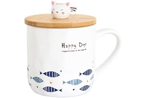 TuYines Filiżanka do kawy z pokrywką, kubek z motywem kota, cappuccino, ceramiczna, na chrzest, ceramiczna, 380 ml, zabawna filiżanka do kawy