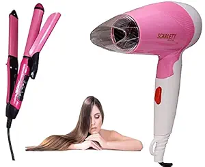 NEW NOVA 2 IN 1 HAIR BEAUTY SET NHC-2009,CURL & STRAIGHT- (PINK COLOR) , COMBO OF HAIR DRYER 1000 WATT & HAIR STRAIGHTENER CURLER 2 IN 1.