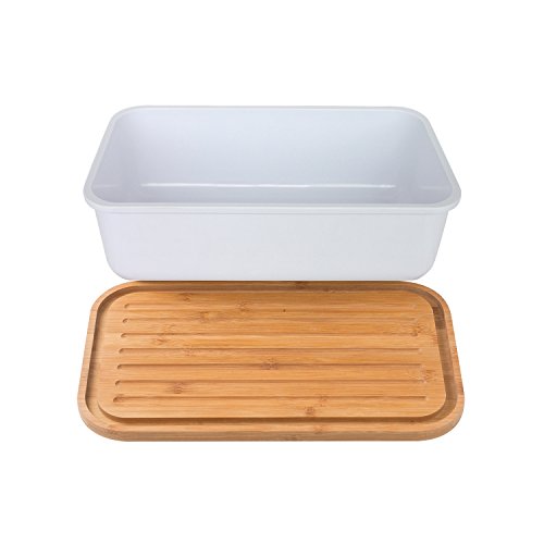 Geräumige Brotkasten aus Melamin oder Metall mit Bambusdeckel als Schneiderbrett Maße Metallbox 33x18x12cm oder Melamin Brotkasten 38x22x12cm verschieden Farben zum Auswahl (Melamin 38x22x12cm Weiß) - 2