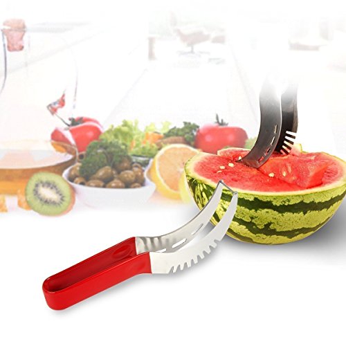 Uvistar Obstschneider Rostfreier Edelstahl Melonenschneider Obstmesser Honigmelonenschneider Leicht Watermelon Entkerner Ausstecher ( rot ) mit 4 Obstgabeln - 2