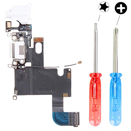 MMOBIEL   Conector Dock para iPhone 6  Plateado Blanco  de Repuesto Puerto USB  Cable Flex  Micr  fono  Audiojack  Conexi  n de Antena y bot  n de Inicio Instalado  Incl  2 x Destornilladores