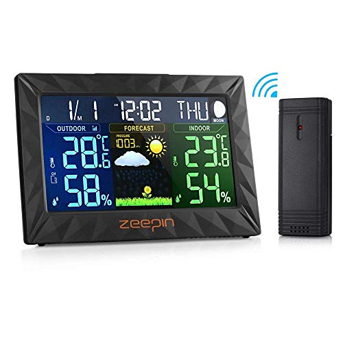 Zeepin Station météo sans Fil, intérieur, extérieur Thermomètre Couleur Alarme de Maison Horloge avec température et humidité Moniteur, Grand écran Digital de Table hygromètre Capteur extérieur