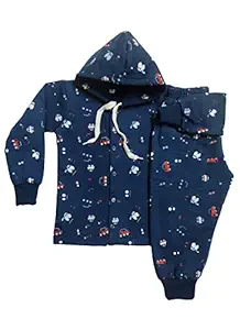 Baby Boys Girls Winter Hoodie Clothing Set Full Sleeves Sweatshirt with Matching Full Pants Set for Kids, Spun Fleece Fabric Printed (3-4 Years, Airforce Blue)