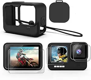 HIFFIN Accessories Kit for GoPro Hero 9 Black, Silicone Sleeve Protective Case with Rubber Cap + 3Pcs Tempered Glass Screen Protector for GoPro Hero 9