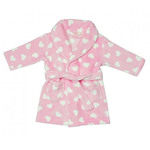 Gorgeous Baby Girls Supersoft Fleece Dressing Gown Pink With White Heart Print - Size 6-12 Months