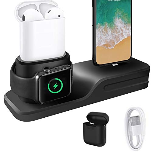 Kehangda 3 in 1 Caricabatterie iPhone airpods Apple Watch con Supporto Caricatore Dock Station in Silicone, Supporto Apple Watch Serie 3/2/1/ AirPods/iPhone X/8/8 Plus/7/7 Plus/6s Nero