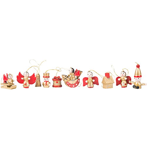 OBC-Kunsthandwerk Christbaumschmuck, Weihnachtsbaumanhänger kleine Figuren, Holz Gold/rot, 10 Stück