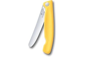 Victorinox Swiss Classic Foldable Picnic Knife for Hiking, Fruit, Vegetables, Bread Rolls, Sausage, Serrated Edge, Extra Sharp, Yellow