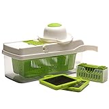 Diseño multifuncional: puede cortar verduras y frutas en cualquier forma y grosor. Porque contiene 7 tipos de cuchillas. Además, contiene la base del contenedor de alimentos, protectores de dedos y cesta de drenaje, puede cortar, rallar y picar.