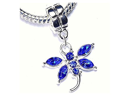 SAPPHIRE BLUE CRYSTAL DRAGONFLY DANGLE CHARM FOR PANDORA BRACELETS