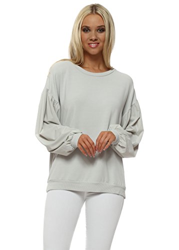 A Postcard From Brighton Connie Grey White Silky Puffball Sleeves Sweater S/M Light Grey