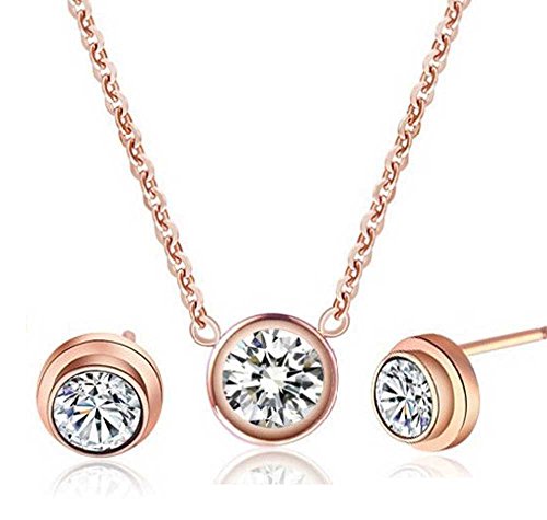 findout 14K vergoldeten Titan-Stahl-Diamant-Halskette + Ohrringsatz, für Frauen, Mädchen, (f1327)