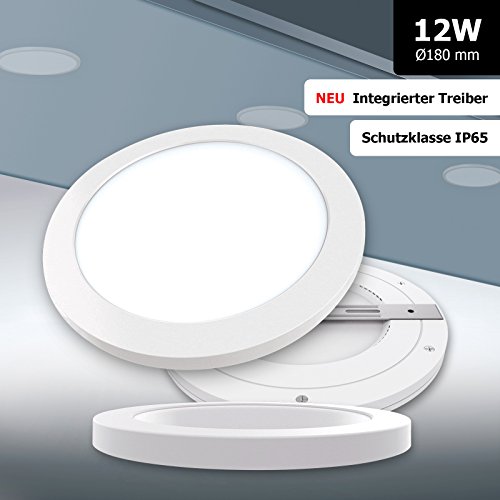 LED Panel 12W ultraslim Deckenleuchte rund Ø180mm mit integriertem Netzteil! warmweiß 3000K, extra flach 13mm, stufenlos dimmbar inkl. Montageleiste IP65 TÜV