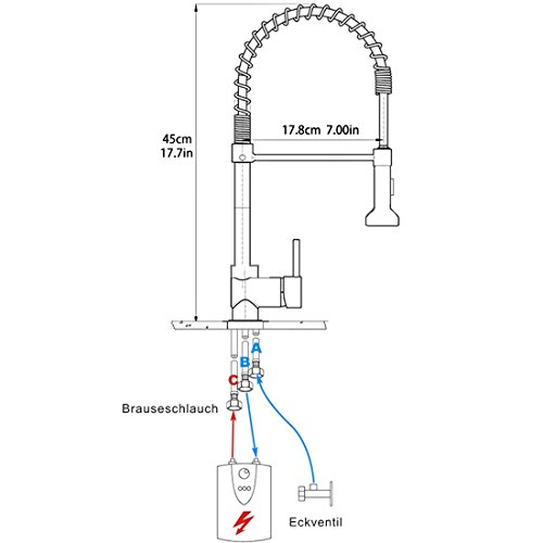 Aimadi Niederdruck Mischbatterie Küchenarmatur Wasserhahn 360° drehbar Armatur Küche Spiralfederarmatur Küchenspüle Geschirrbrause Spültischarmatur Gebürsteter Nickel - 2