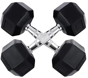 Body Maxx Hex Dumbbells 20 kg Pair, Rubber Dumbbell Set 20kg, Black Rubber Coated Dumbbells with Steel Grip Home Gym Fitness