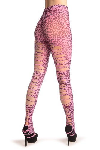 LissKissPink Leopard Extended Heel Shredded Footless - Pink Animal Tights Footless