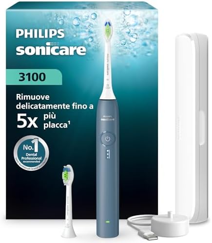 Spazzolino elettrico Philips Sonicare Serie 3100 - Spazzolino sonico con sensore di pressione, 3 intensità, EasyStart, SmarTimer, autonomia 14 giorni, custodia, blu marino, HX4034/24, [Nuovo]