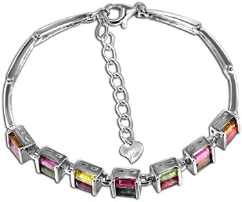 COLORFEY Multi Coloured Tourmaline Natural Gemstone Square Cut Stone S925 Silver Chain Bracelets for Women Girls