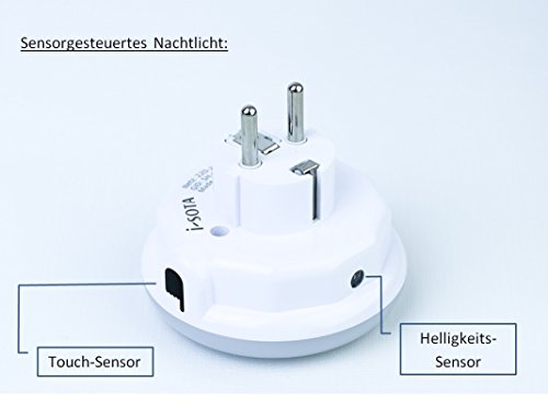 i-SOTA LED Nachtlicht | Steckdosenlicht als Zwischenstecker inkl. Sicherung für Kinder | Farbwechsel – Weiß, Blau, Grün – über Touch-Schalter | Orientierungslicht | Nachtlampe | mit Helligkeits- / Dämmerungs-Sensor | stromsparend - 6