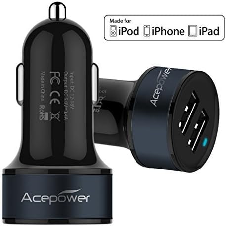 [Certified by Apple] ACEPower® Premium Dual USB Ports 17W 3.4A Aluminum Panel Compact Designed USB Car Charger for iPhone 6 6plus 5 5S 5C 4 4S,iPad 4 3 2,iPad mini,iPad air Battery Power Supply for All Apple Device, Galaxy, Cell Phones, Tablet, Android Devices (Black+Dark Blue)