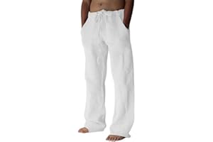 Litthing Men Linen Trousers Cotton Jogging Bottoms Casual Summer Pants with Pockets Loose Fit Drawstring Elastic Waist Trouser Comfortable Lightweight