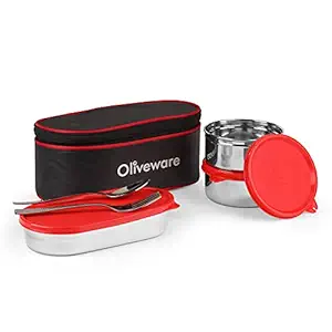 SOPL-OLIVEWARE Sophia Insulated Fabric Bag Leak Proof Lunch Box, Stainless Steel 3 Containers with Steel Spoon & Fork for School & Office Use (Red)