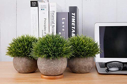 T4U Künstliche Grün Gras Bonsai Kunstpflanze mit grauen Topf, für Hochzeit/Büro/Zuhause Dekoration – 3er Set - 2