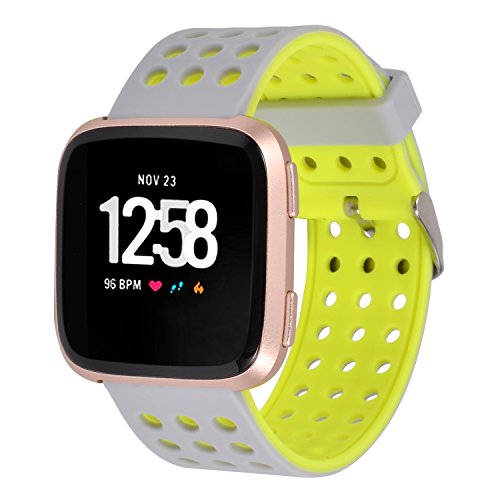 Greatfine Versa Correa de Repuesto,Silicona Ajustable Pulsera de Reloj para Fitbit Versa Mujeres y Hombres Accesorios Bands (Grey Yellow)