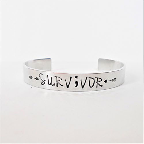 Survivor Semi Colon Hand Stamped 10mm Aluminium Cuff