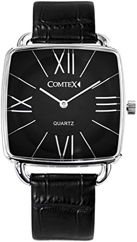 Comtex Men's/Women's Square Black Watches with Leather Strap Casual Watches Water Resistant