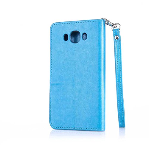 Galaxy J7 2016 Hülle Ledertasche [mit Frei Hartglas Displayschutzfolie], KKEIKO® Schutzhülle PU Leder Tasche Hülle Case für Samsung Galaxy J7 2016, Wickelfalz Handyhülle mit Bändselloch Standfunktion Karteneinschub und Magnetverschluss, Kratzfeste Lederhülle Flip Wallet (Blau #7) - 3