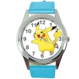taport Pikachu Pokemon Runde Quarz Armbanduhr Blau Leder Band + Gratis Ersatz Batterie + Gratis Geschenkverpackung