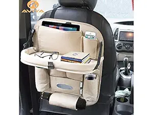 AVIYA Universal PU Leather Auto Car Seat Back Organizer with Foldable Dining Table Tray, Multipocket Storage Tablet, Bottle and Tissue Paper Holder (Beige)