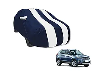 Auto Hub Double Stripes Mirror Pocket Car Body Cover Compatible with Hyundai Creta (Navy Blue, White, Model : 2015-2021)