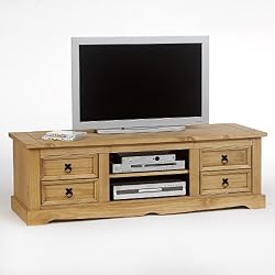 Meuble TV Style mexicain en pin finition cirée, 4 tiroirs + 2 niches