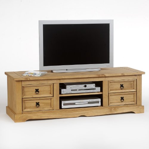 Meuble TV Style mexicain en pin finition cirée, 4 tiroirs + 2 niches