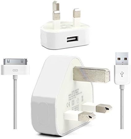 100% Genuine CE Certificated 3PIN UK Plug USB Port Mains Charger with 1M Long USB Data Sync Charger Cable Lead Compatible with iPhone 4 4S 3G 3GS iPod