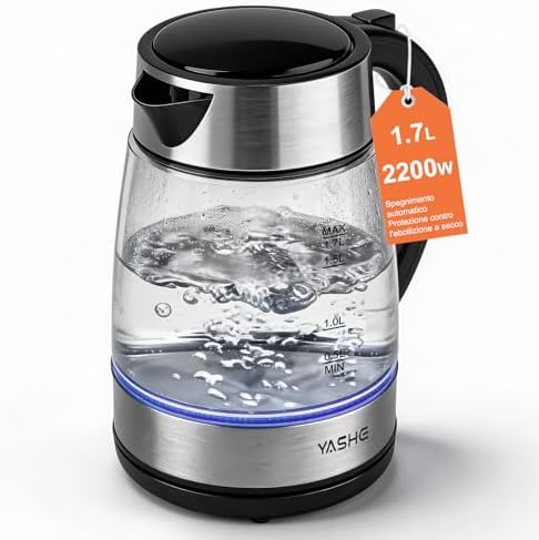 YASHE Bollitore Elettrico in Vetro 1,7L, 2200W Bollitore Acqua Rapido con Illuminazione LED Blu, Senza Contatto con la Plastica, Filtro Anticalcare, Spegnimento Automatico