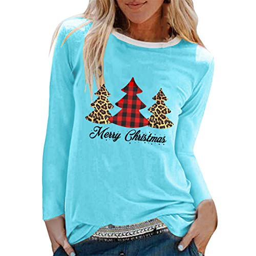 TianranRT Maglione Natalizio Ms. Maglione Natalizio D 'Pullover Invernale T-Shirt Top in Pizzo Donna Manica Lunga Abbigliamento Natale Donna Stampa Babbo Natale Albero di Natale (Blu, L) (Blu, L)