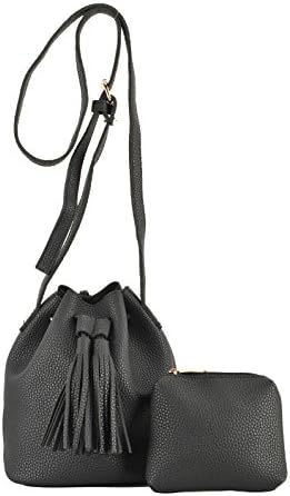 PU Set of Two Bags Shoulder Bag Bucket Bag Finge Drawstring Durable Women (Black)