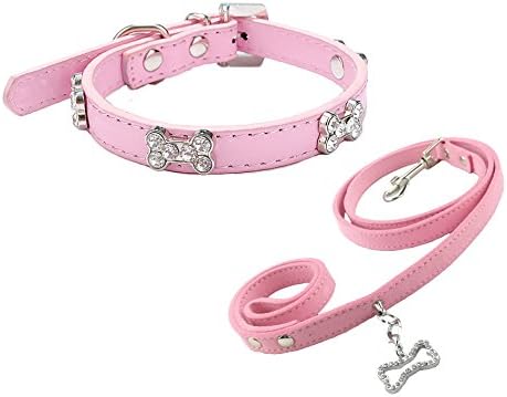 Newtensina Stylish Dog Collar and Leash with Bone Cute Bling Girl Puppy Collars with Dog Lead for Small Dogs Medium Dogs