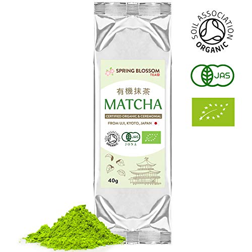 40g (Refill Pouch) ORGANIC Matcha Green Tea Powder Japanese CEREMONIAL Grade from Uji Kyoto, First Harvest Stone-Ground, Soil Association Certified, Energy Booster & Fat Burner, Vegan Detox Superdrink