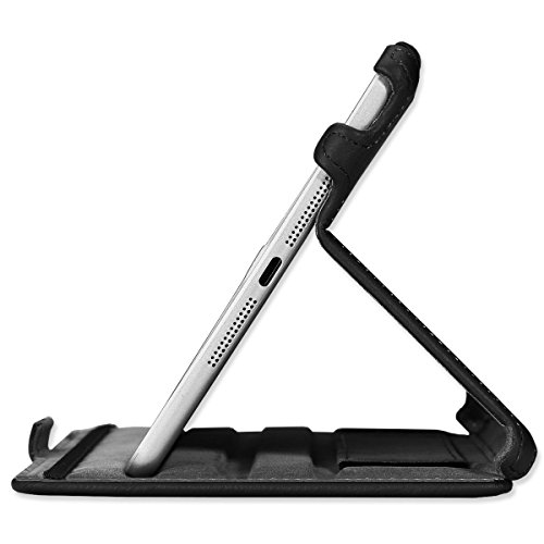 KHOMO® Black Leather Executive Case iPad Mini 1 – 2 – 3 – Professional look with adjustable stand and secure hand strap – Schwarzes Gehäuse mit doppeltem Schutz fur Apple iPad Mini, iPad Mini Retina, iPad Mini 3 - 3
