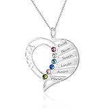  WOW Namenskette Herz Silber Sterling 925 mit 1 bis 6 Wunschnamen und Geburtsstein, invididuelle Herz Kette Silber/Rosegold/Gold mit Gravur