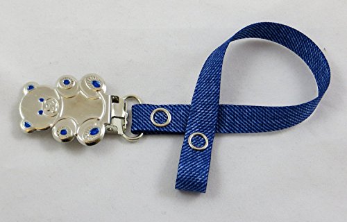 pacifier soother dummy holder clip for Baby girl/boy - (denim look- teddy)