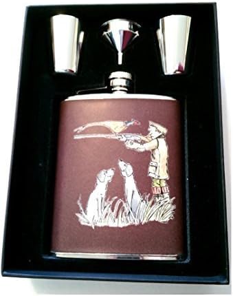 Farm Cottage Brands 6oz Brown Leather Hip flask set with funnel and 2 stainless steel tumblers in a lovely presentation box featuring Were you shooting at me ? pheasant game shooting (AC15)