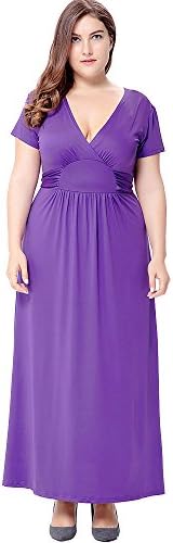 ONECHANCE Women Short Sleeve V Neck Elastic High Waist Maxi Long Dress Plus Size Color Purple Size 14w
