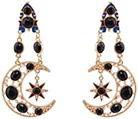 Hmeng Women Korean Style Jewelry Vintage Symmetrical Curved Sun/ Moon Dangling Star Rhinestone Alloy Drop Dangle Earrings (Black)